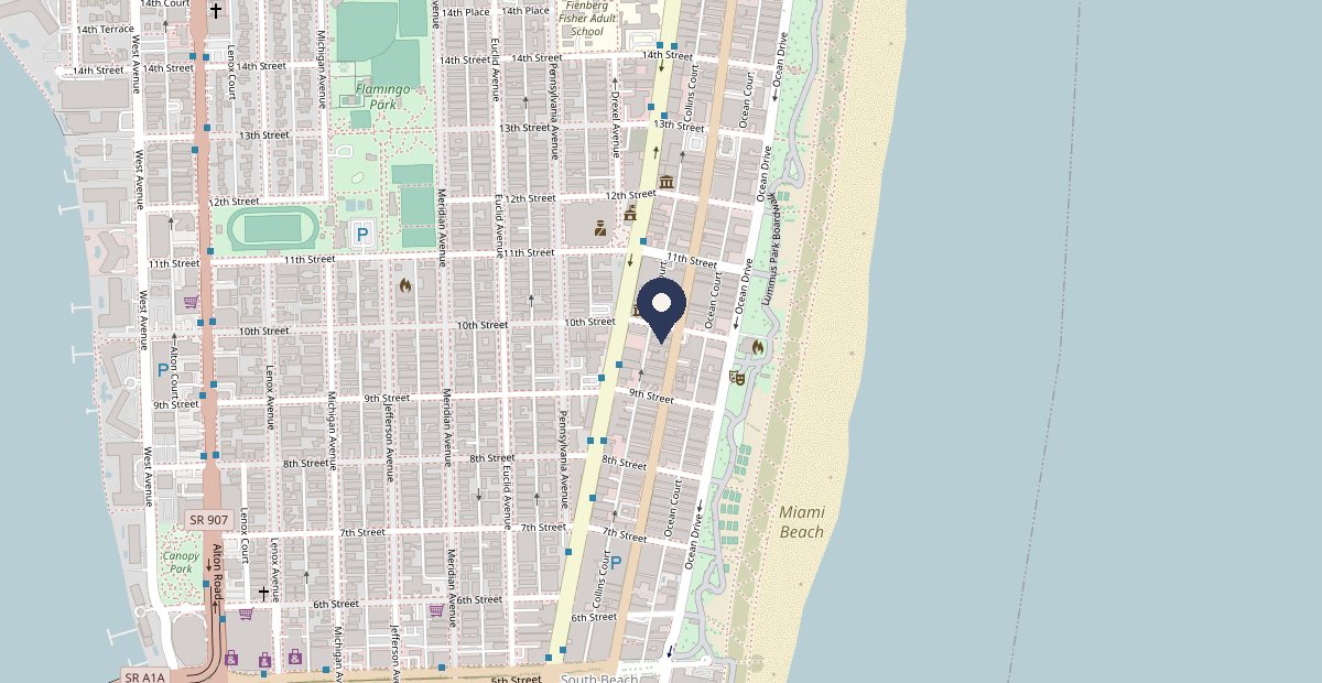 Map of South Beach with the hotel on Collins Avenue between 9th and 10th Street